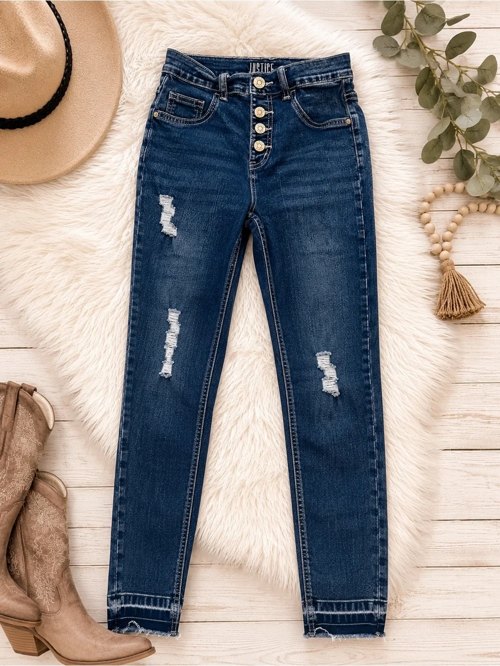 Justice Girls Size 14 High Rise Button Fly Distressed Jeans
